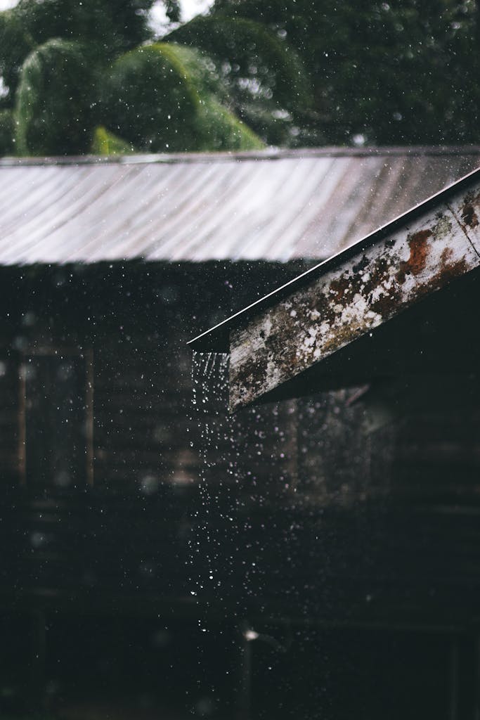 Glistening rain falls from a rusty metal roof, creating a moody, atmospheric scene.